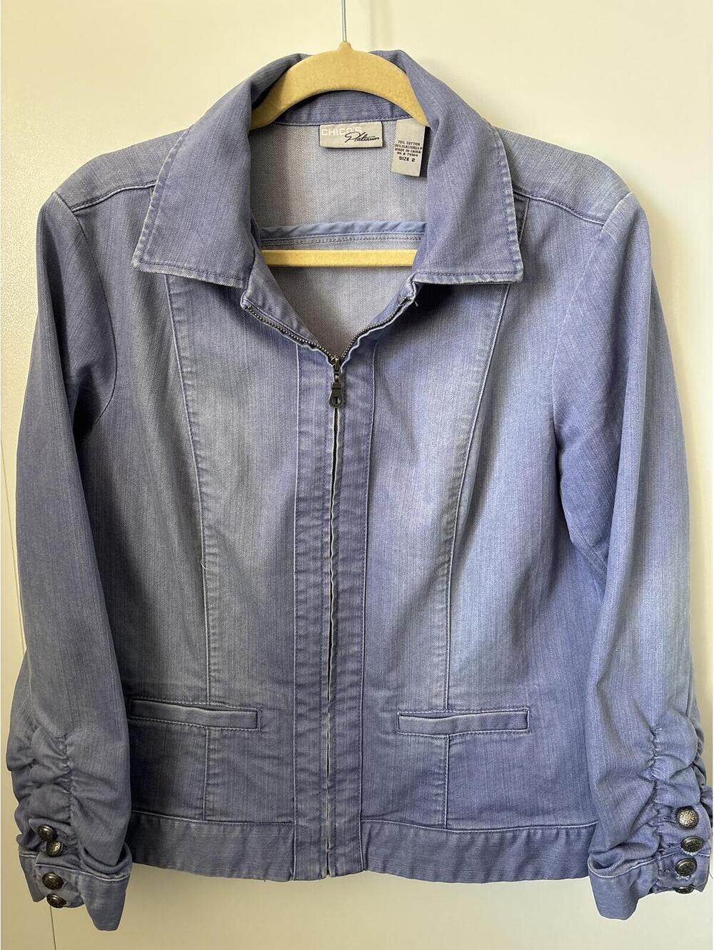 Chico’s Platinum Zippered Jean Jacket, Chico size 2 (12/L)